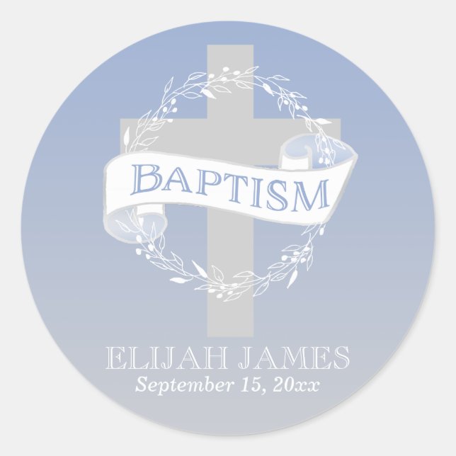 Cross Wreath | Berries Baby Boy Baptism Classic Round Sticker (Front)