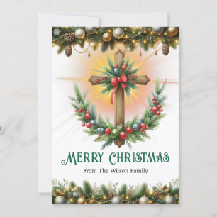 Cross Wreath with Berries and Pine, Christmas Holiday Card