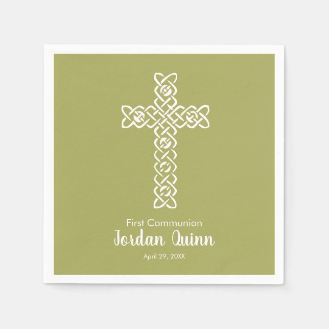 Cross | Yellow Green Communion Baptism Christening Napkin (Front)