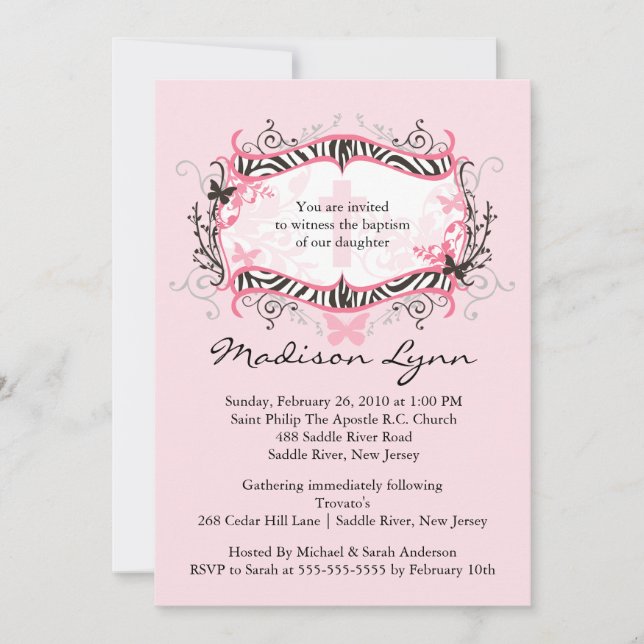 Cross Zebra Frame Baby Girl Baptism Inviation Invitation (Front)