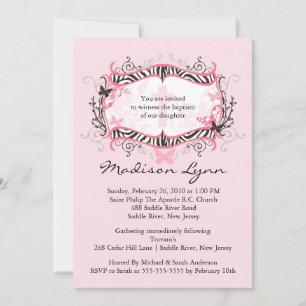 Cross Zebra Frame Baby Girl Baptism Inviation Invitation