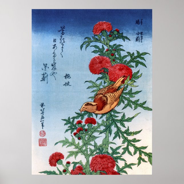 Crossbill on a Thistle, Hokusai Poster (Front)