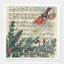 Crossbill with musical score and pine branches