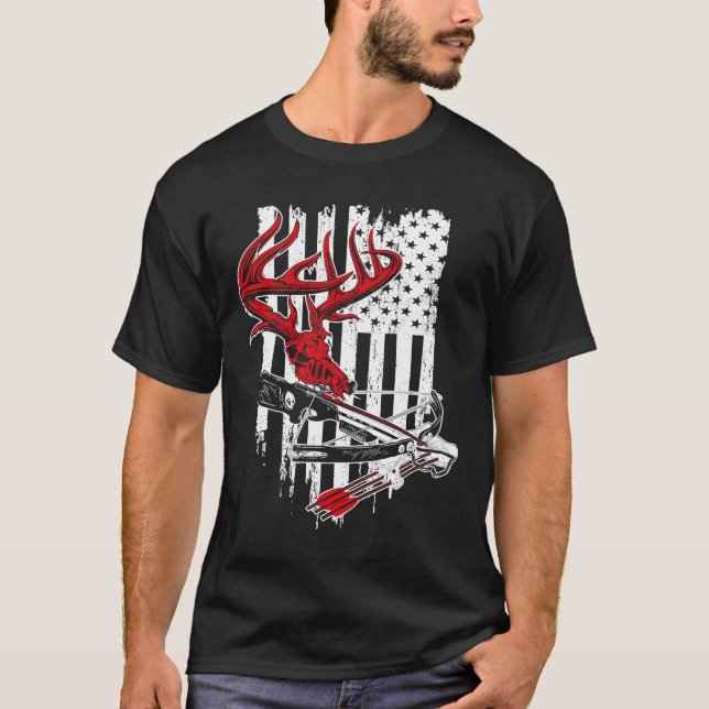 Crossbow Archery Bow Hunting Camo American Flag Di T-Shirt (Front)