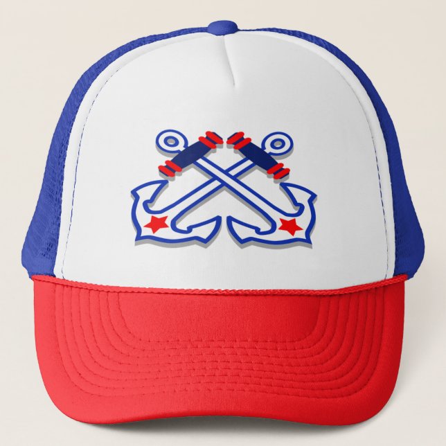 Crossed Anchors on Nautical Red Stars Trucker Hat (Front)