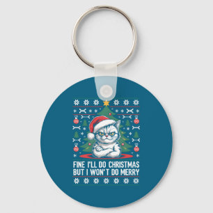 Crossed Arms Cat Funny Christmas Ugly Sweater Long Key Ring