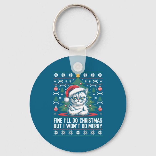 Crossed Arms Cat Funny Christmas Ugly Sweater Long Key Ring (Front)