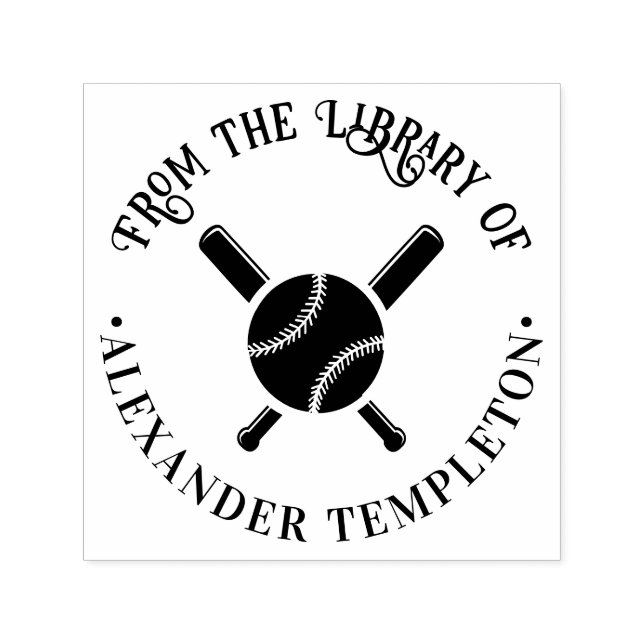 Crossed Baseball Bats, Ball #2 Library Book Name Self-inking Stamp (Design)