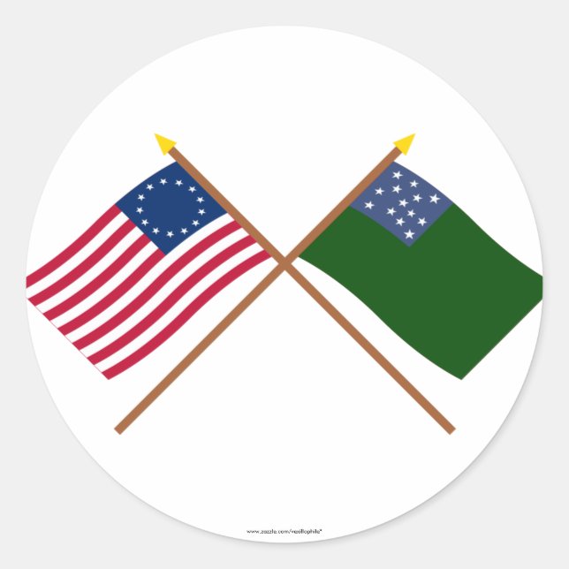 Crossed Betsy Ross and Green Mountain Boys Flags Classic Round Sticker (Front)