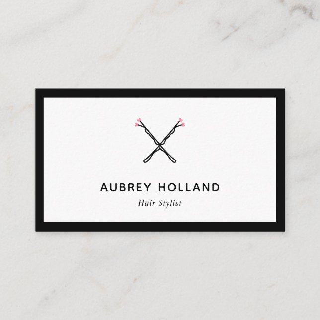 Crossed Bobby Pins Cute Black Pink Hair Stylist Business Card (Front)