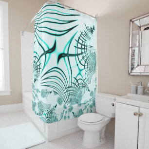 Crossed cyan aqua curved trace on light background shower curtain