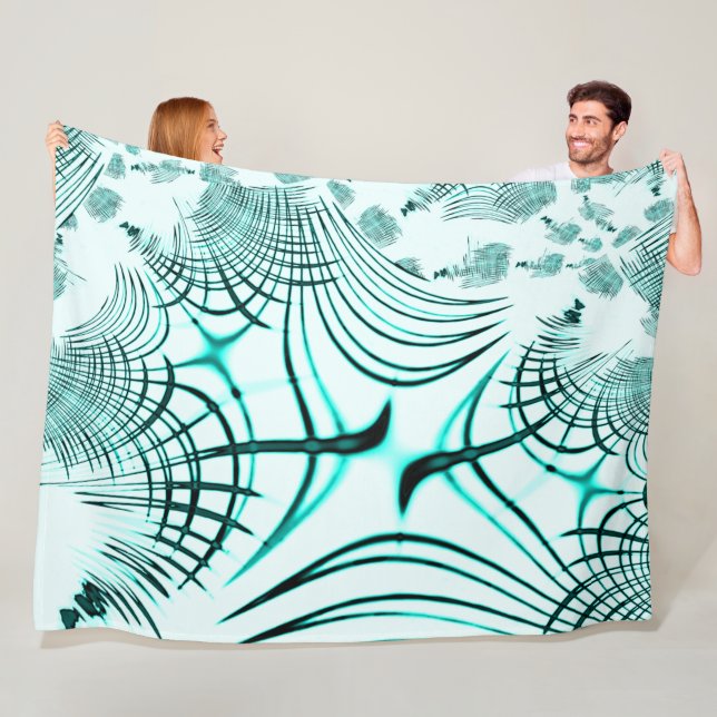 Crossed cyan curved traces on light background fleece blanket (In Situ)