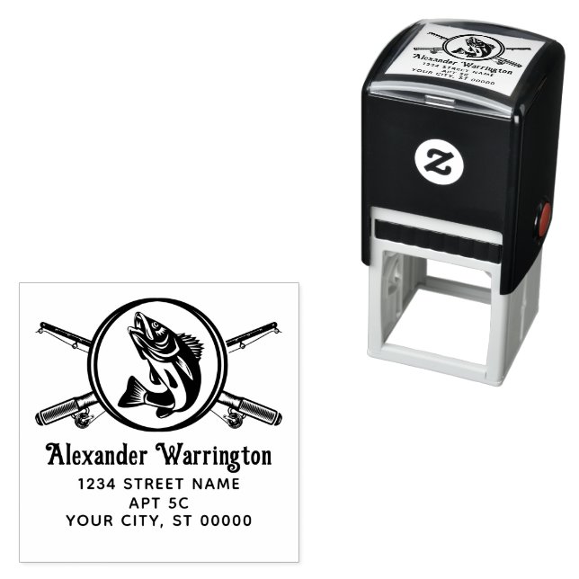 Crossed Fishing Rods Reels, Fish Name Retn Address Self-inking Stamp (In Situ)