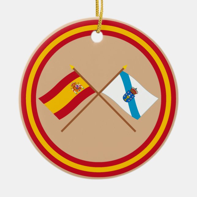 Crossed flags of Spain and Galicia Ceramic Tree Decoration (Front)