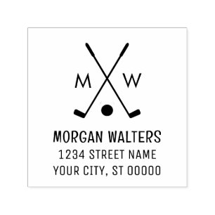 Crossed Golf Clubs Golf Ball Monogram Name Address Self-inking Stamp