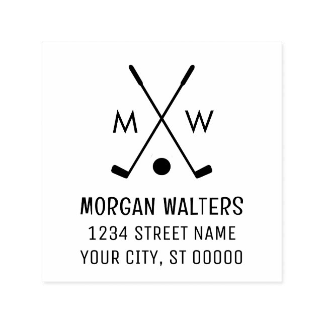 Crossed Golf Clubs Golf Ball Monogram Name Address Self-inking Stamp (Design)
