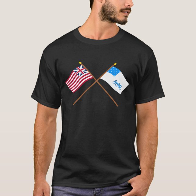Crossed Grand  Union  and RI 1st Regiment Flags T-Shirt (Front)
