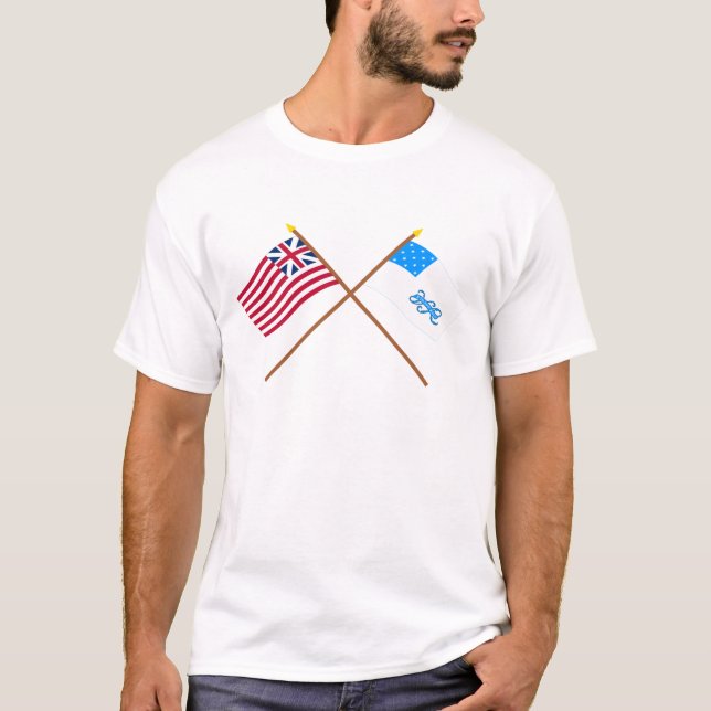 Crossed Grand  Union  and RI 1st Regiment Flags T-Shirt (Front)