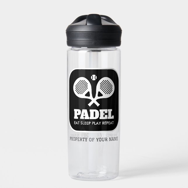 Crossed padel rackets custom name water bottle (Front)