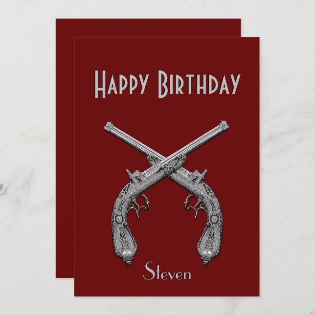 Crossed Pistols Dark Red Birthday Party Invitation (Front/Back)