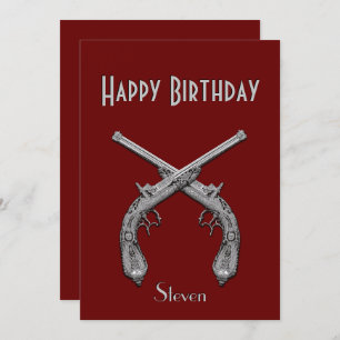 Crossed Pistols Dark Red Birthday Party Invitation