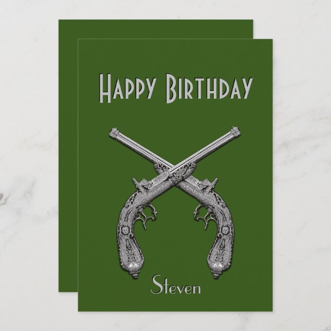 Crossed Pistols Green Birthday Party Invitation (Front/Back)