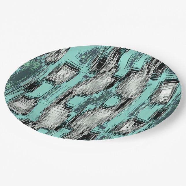 Crossed pixelated lines forming abstract squares paper plate (Angled)