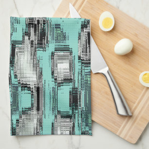 Crossed pixelated lines forming abstract squares tea towel