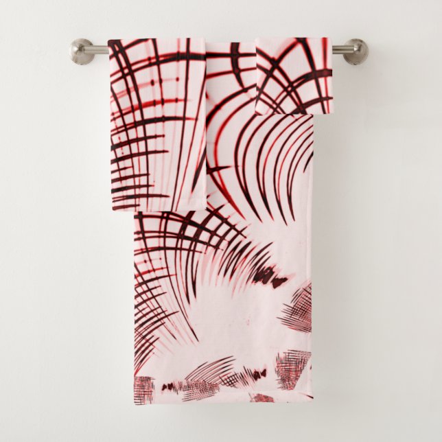 Crossed red curved traces on light background bath towel set (Insitu)
