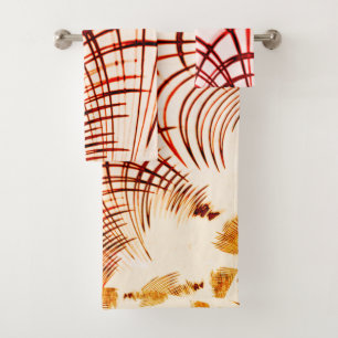 Crossed red curved traces with aged effect bath towel set