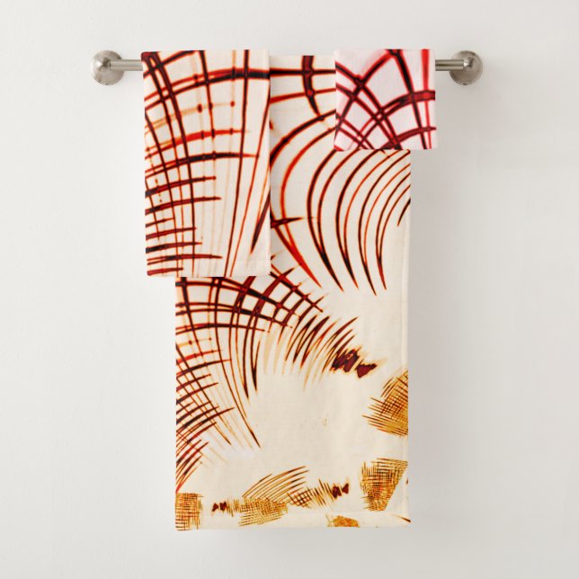 Crossed red curved traces with aged effect bath towel set (Insitu)