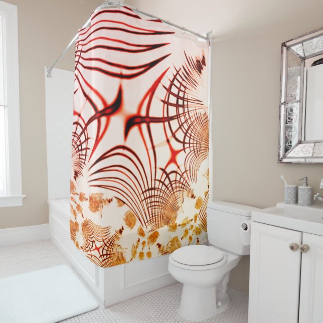 Crossed red curved traces with aged effect shower curtain (In Situ)