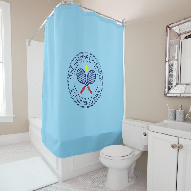 Crossed Tennis Rackets Family Name Date Estd Lt Bl Shower Curtain (In Situ)