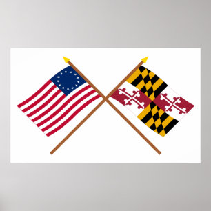 Crossed US 13-star and Maryland State Flags Poster