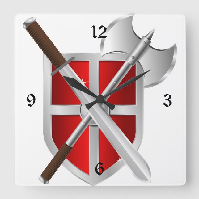 Crossed Weapons on Shield Square Wall Clock (Front)