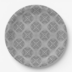 Crosses and Circles Grey Geometric Pattern Paper Plate