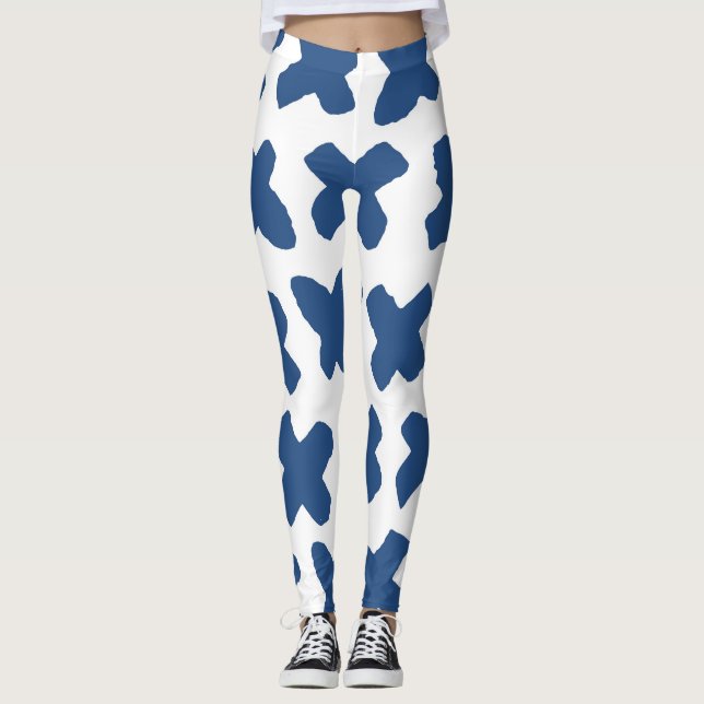 Crosses Shibori: Indigo Batik Pattern Leggings (Front)
