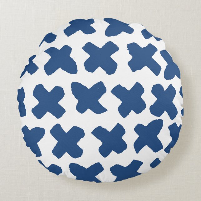 Crosses Shibori: Indigo Batik Pattern Round Cushion (Front)