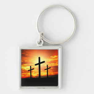 Crosses, Sunset Silhouettes Painting-67137 Key Ring