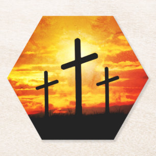 Crosses, Sunset Silhouettes Painting-67137 Paper Coaster
