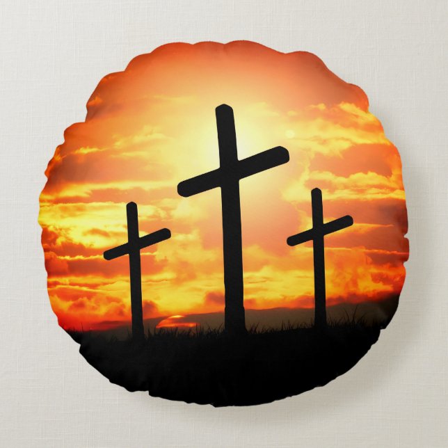 Crosses, Sunset Silhouettes Painting-67137 Round Cushion (Front)