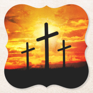 Crosses, Sunset Silhouettes Painting  Paper Coaster