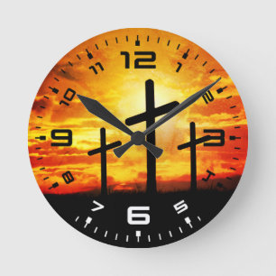 Crosses, Sunset Silhouettes Painting  Round Clock