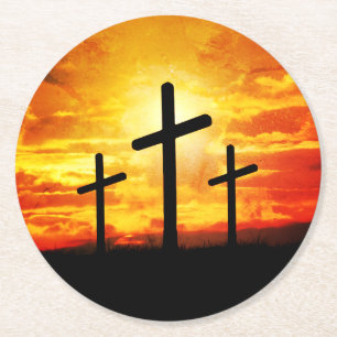 Crosses, Sunset Silhouettes Painting  Round Paper Coaster