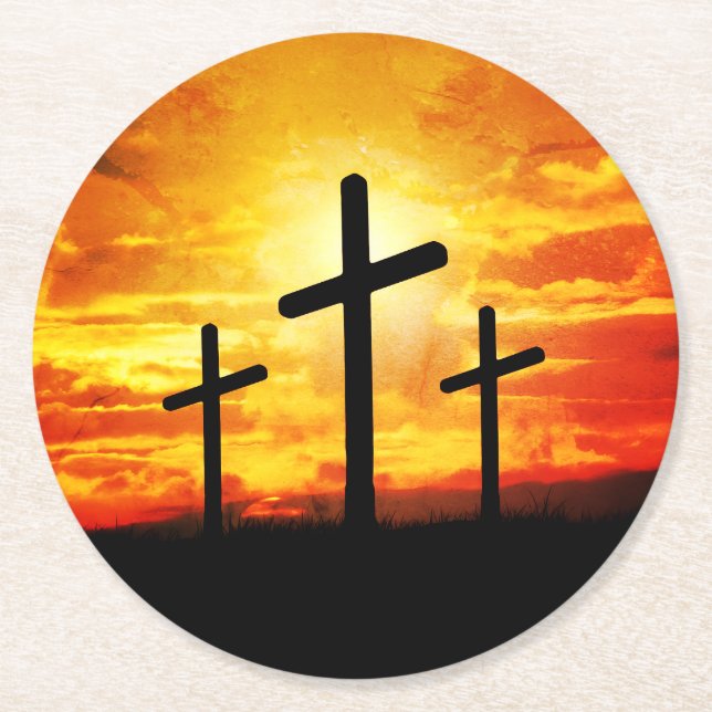 Crosses, Sunset Silhouettes Painting  Round Paper Coaster (Front)