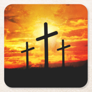 Crosses, Sunset Silhouettes Painting Square Paper Coaster