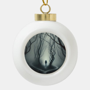 Crossroads in the Fog - Gloomy Forest Art Print Ceramic Ball Christmas Ornament