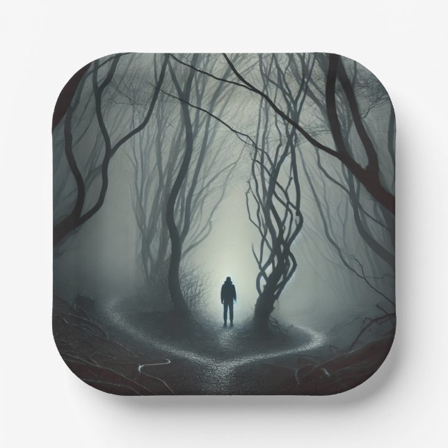 Crossroads in the Fog - Gloomy Forest Art Print Paper Plate (Front)