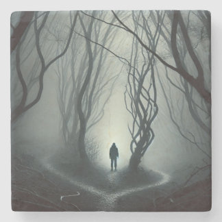 Crossroads in the Fog - Gloomy Forest Art Print Stone Coaster