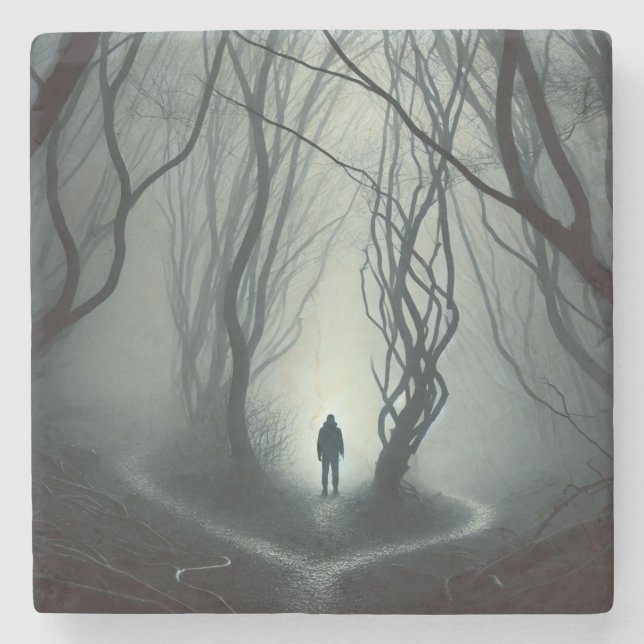 Crossroads in the Fog - Gloomy Forest Art Print Stone Coaster (Front)